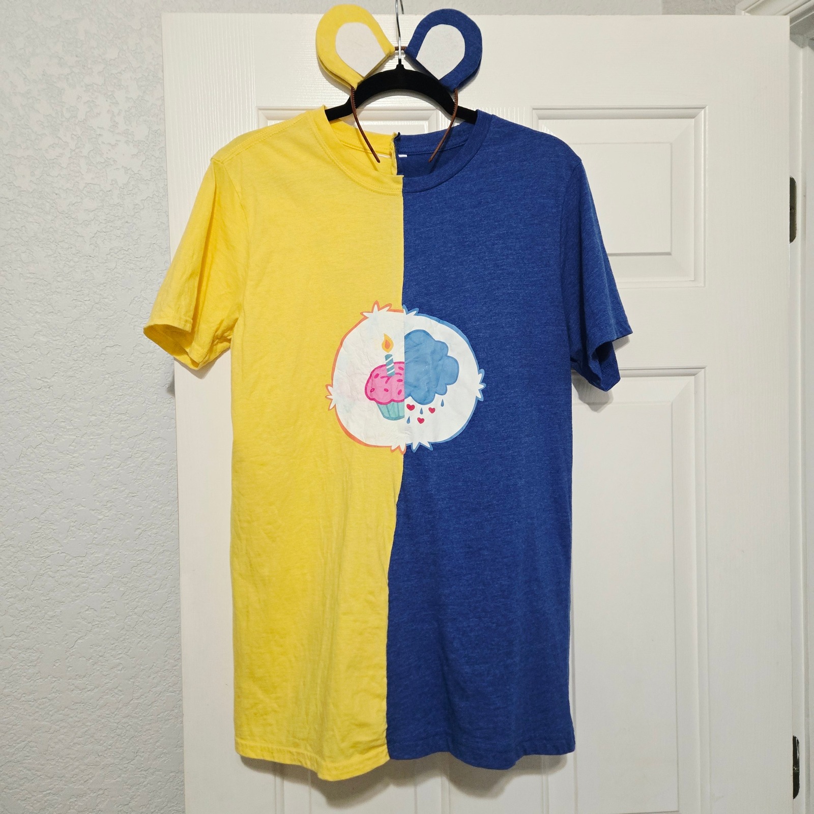 Care Bears Split Retro Graphic T-Shirt Birthday Bear Grumpy Bear Blue Yellow Tee